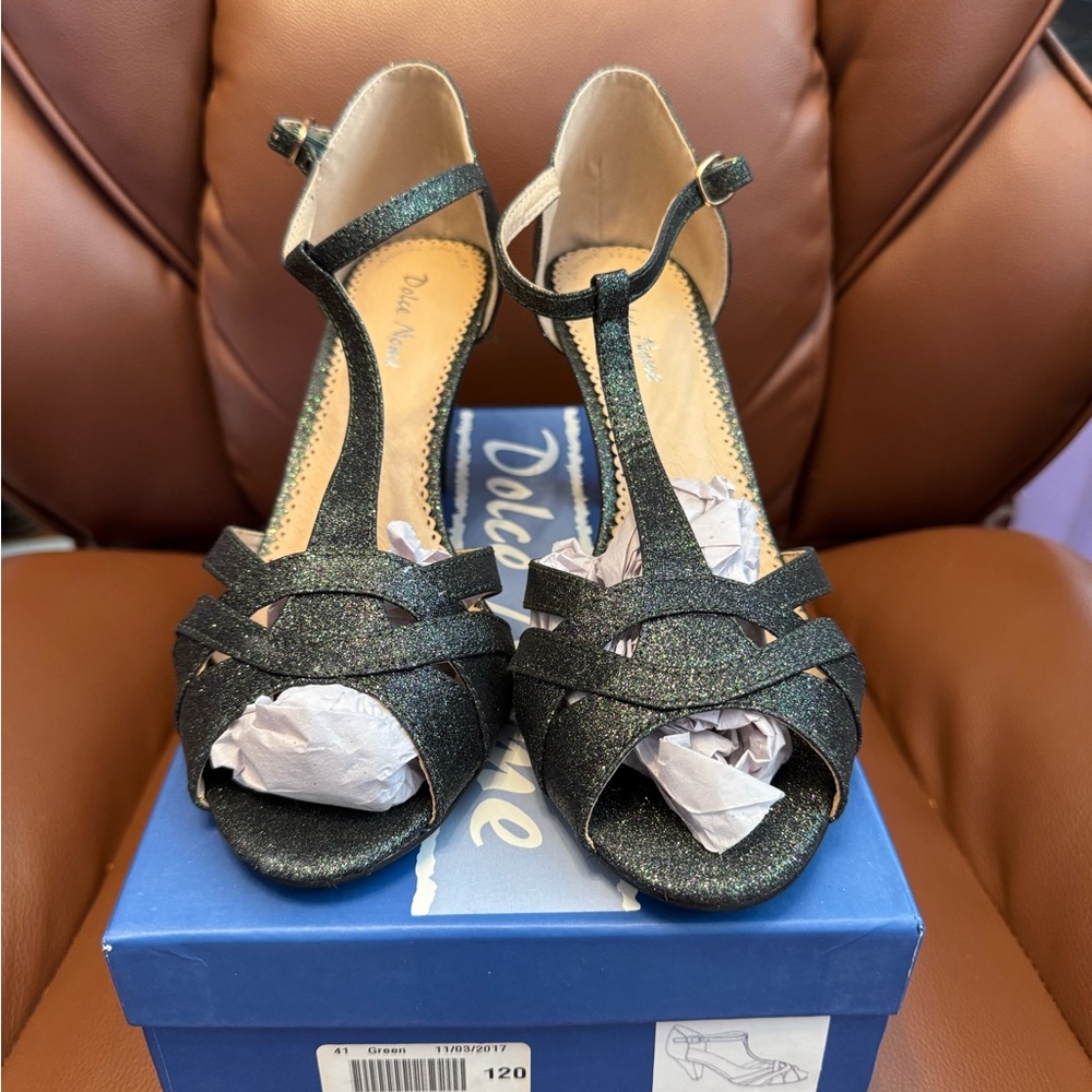 Dolce Nome Florence T Strap Sparkling Green Heels